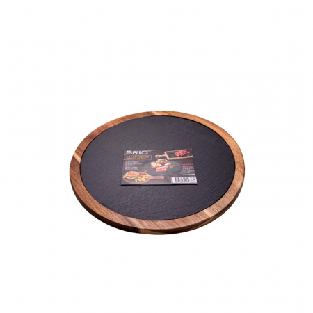 Tocatoare si suporti de bucatrie - BRIO - Platou servire Ardezie rotund cu suport lemn salcam, Ф-34 x 1.5 cm