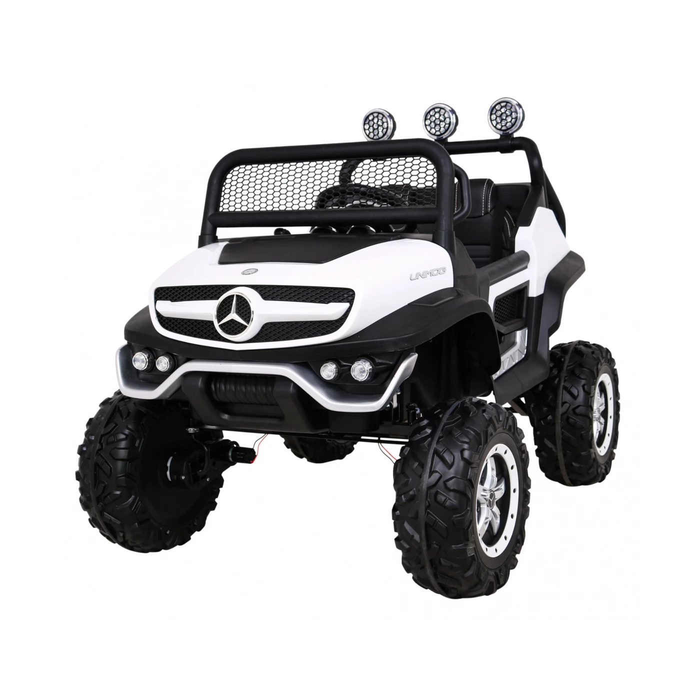 Mercedes BENZ UNIMOG 4 X 4, Motor 4x35w baterie 12v/10a, roti eva, scaun piele, telecomanda, slow start/stop, lumini si muzica, Alb [0]