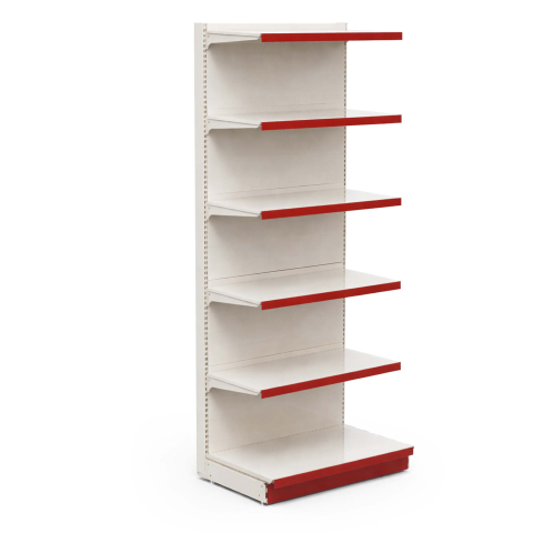 Rafturi metalice - Raft metalic de magazin 100 x 267 cm, baza si 5 polite, alb cu roșu