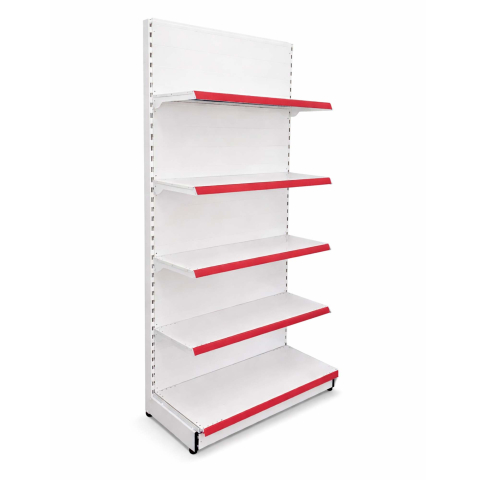 Rafturi metalice - Raft metalic de magazin Economic, 90 x 220 cm, baza si 4 polite, alb cu roșu