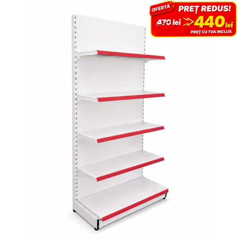Rafturi metalice de perete - Raft metalic de magazin Economic, 90 x 220 cm, baza si 4 polite, alb cu roșu