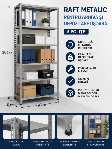 Raft Metalic pentru Arhivă și Depozitare Ușoară – 200 x 93 x 31 cm, 5 Polițe [1]