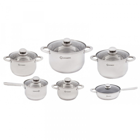 Set 12 piese , 6 vase din inox,compatibile cu plita cu inductie, cu capace din sticla, Grunberg GR15131 [0]