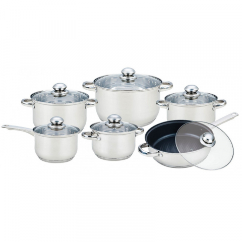 Set 12 piese , 6 vase din inox,compatibile cu plita cu inductie, cu capace din sticla, Grunberg GR15131 [1]