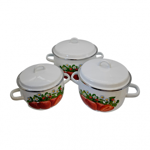 Set 3 Oale emailata, bombate, cu capac, bord din inox, model Capsuni [1]