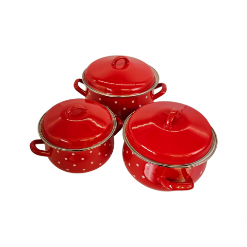 Set 3 Oale emailate, bombate, cu capac, bord din inox, model Rosu cu buline albe [1]