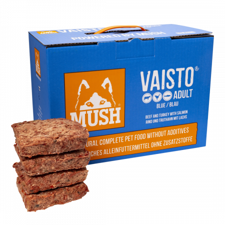 MUSH caini - MUSH VAISTO® BLUE, meniu complet, echilibrat, BARF, congelat, combinatie de vita - curcan - somon