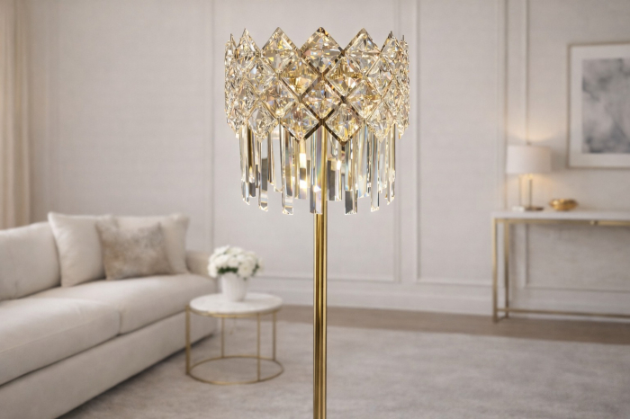 Lampadar 88158 metal auriu cu cristale K9, bază marmură albă, Ø30 cm, H150 cm [3]