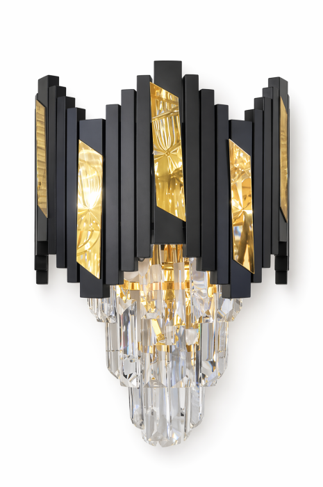 Aplica 109 – Aplica perete modernă negru auriu cu sticlă cristal, 2 becuri E14 [2]