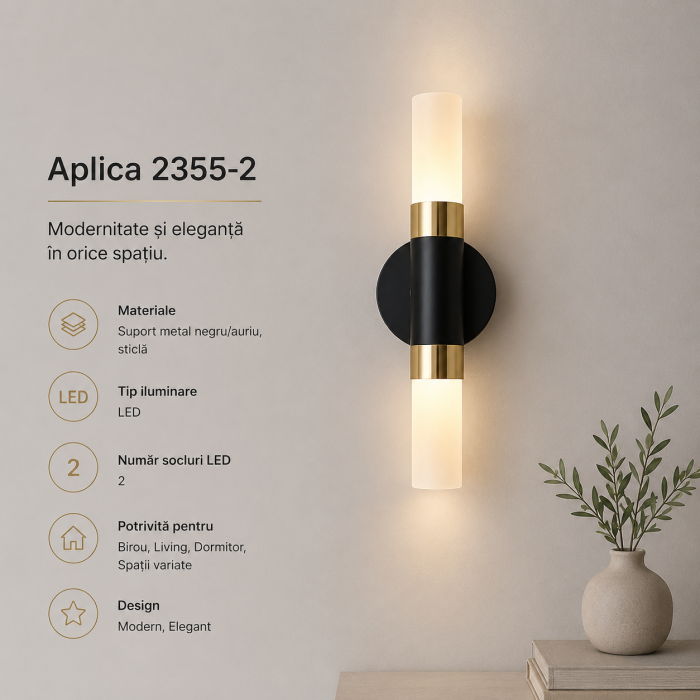 Aplica 2355-2 metal negru/auriu cu sticlă, 2 LED, design modern elegant [2]
