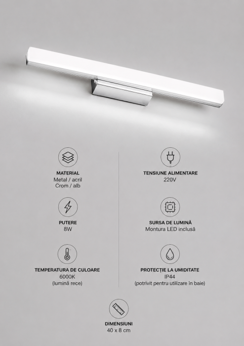 Aplica 287 S, metal/acril crom/alb, LED 8W, 40x8 cm – modernă și pentru baie [2]