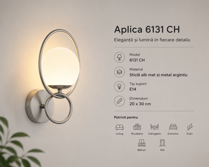 Aplica 6131 CH metal argintiu cu abajur sticlă alb mat, soclu E14, design elegant [3]