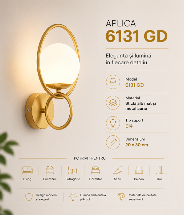 Aplica 6131 GD metal auriu cu abajur sticlă alb mat, soclu E14, design elegant [3]