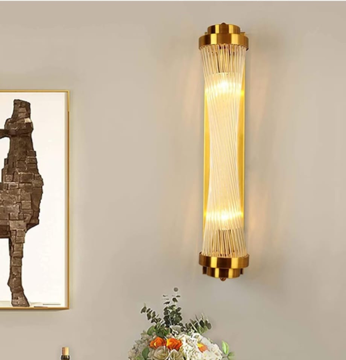 Aplica de perete 6010 metal auriu cu acril transparent, formă conică rasucită, 2 socluri E14, 60 cm și 44 cm [1]