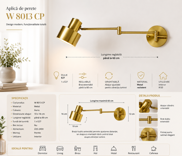 Aplica de perete W 8013 CP metal auriu reglabilă E27 design modern [3]