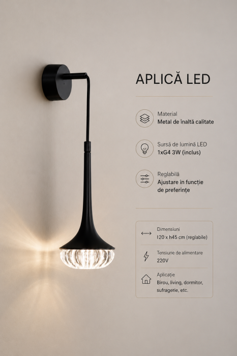 Aplica W2125/1 BK, LED G4 inclus 3W, reglabilă 20x45 cm, metal negru [3]