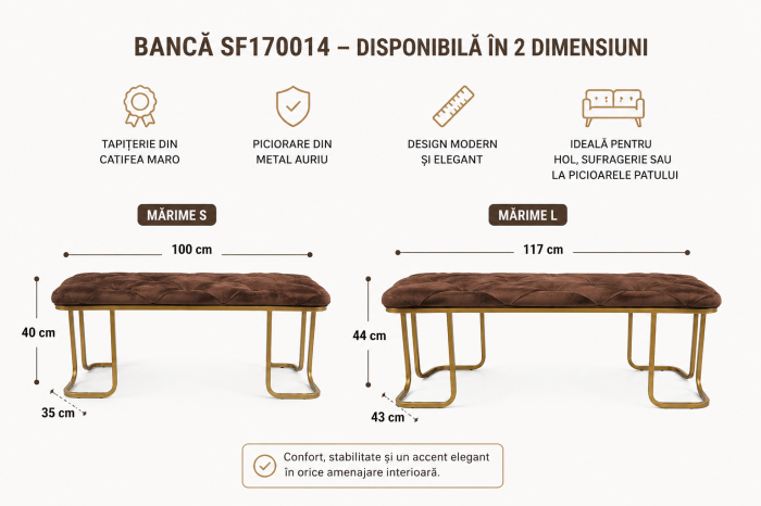 Bancă SF170014 din Catifea Maro cu Picioare Aurii – Disponibilă în 2 Dimensiuni [3]