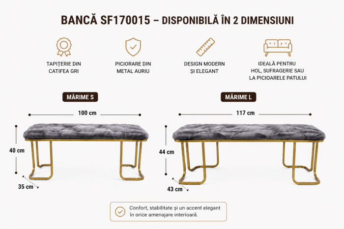 Bancă SF170015 din Catifea Gri cu Picioare Metal Auriu – Design Capitona­t [3]