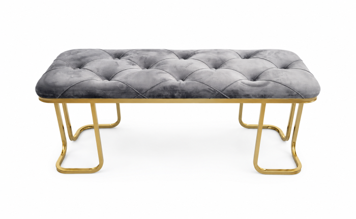 Bancă SF170015 din Catifea Gri cu Picioare Metal Auriu – Design Capitona­t [2]