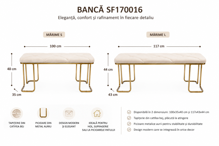 Bancă SF170016 din Catifea Bej cu Picioare Aurii – Disponibilă în 2 Dimensiuni [3]