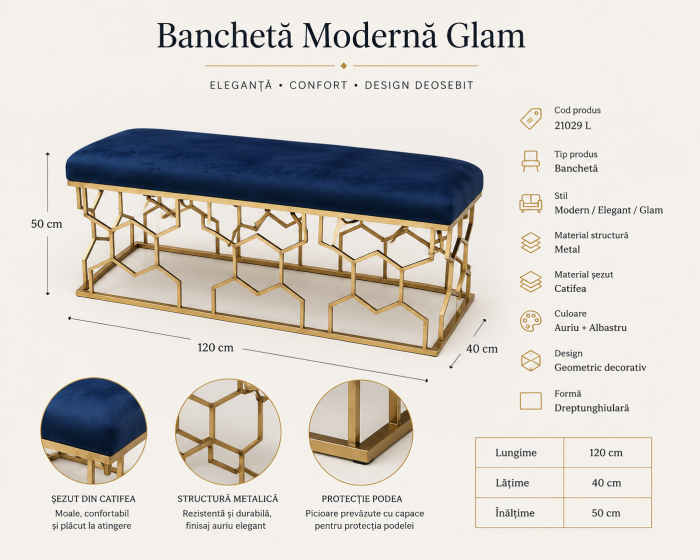 Banchetă 21029 L Catifea Albastră și Metal Auriu Geometric 120 cm [2]