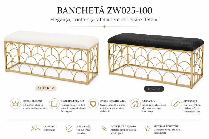 Banchetă ZW025-100 Boucle Alb/Negru cu Cadru Auriu 120 cm [3]