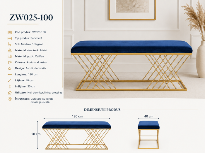 Banchetă ZW025-100 Catifea Albastră cu Structură Geometrică Aurie 120 cm [2]