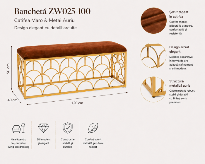 Banchetă ZW025-100 Catifea Maro și Metal Auriu Design Elegant Modern [2]