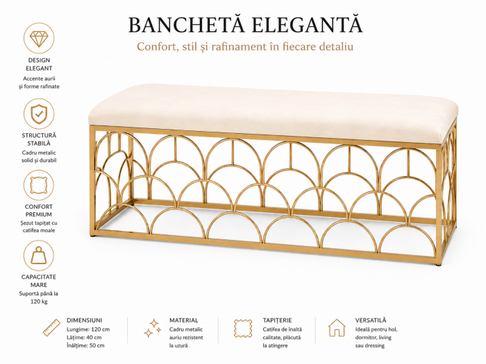 Banchetă aurie cu șezut catifea bej ZW025-100 120 cm [3]