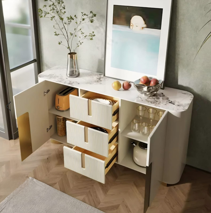 Cabinet 2088 MDF riflat bej, blat piatră sinterizată, design curbat cu accente aurii, 150 cm [3]