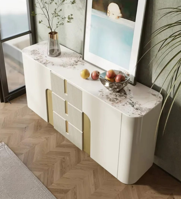 Cabinet 2088 MDF riflat bej, blat piatră sinterizată, design curbat cu accente aurii, 150 cm [2]