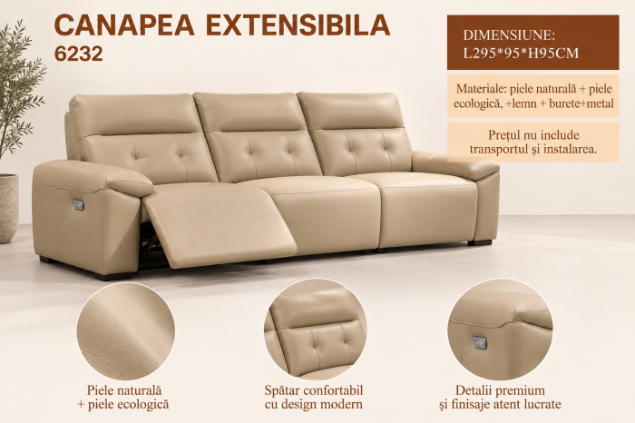 Canapea 6232 bej din piele naturală și ecologică, 292 cm, design modern [5]