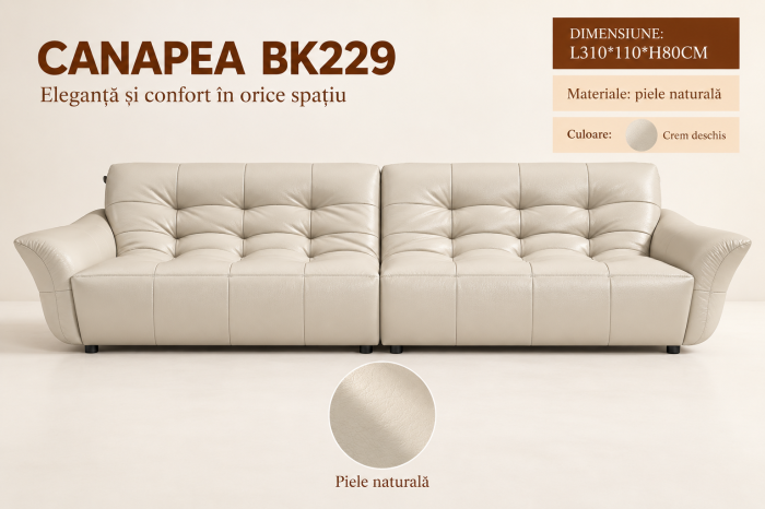 Canapea BK229 crem deschis din piele naturală, lungime 310 cm, design modern [3]