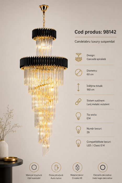 Candelabru Luxury 98142 Auriu cu Cristale K9 și 29 Socluri E14 60x180 cm [2]