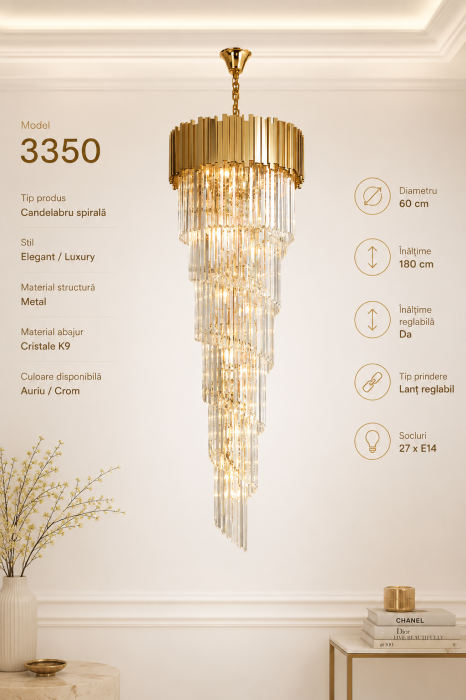 Candelabru Spirală Cristale K9 Auriu Model 3350 Ø60x180 cm [2]