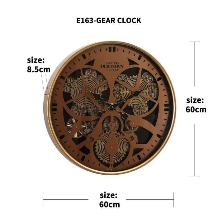 Ceas de perete E163 Gear Clock, metal auriu cu sticlă, mecanism rotativ decorativ, Ø60 cm [2]