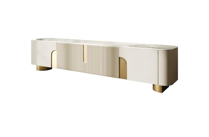 Comodă 2088 MDF bej cu blat piatră sinterizată marmură, accente aurii, 200 cm [3]