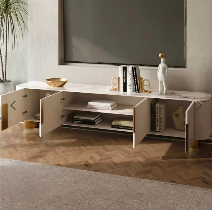 Comodă 2088 MDF bej cu blat piatră sinterizată marmură, accente aurii, 200 cm [2]