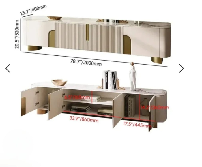 Comodă 2088 MDF bej cu blat piatră sinterizată marmură, accente aurii, 200 cm [4]