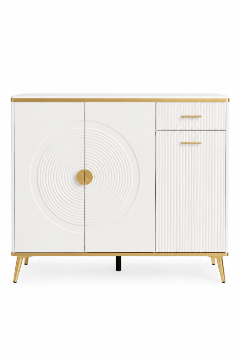 Comodă depozitare 112 MDF alb lucios cu accente aurii, model raze de soare, 120 cm [2]