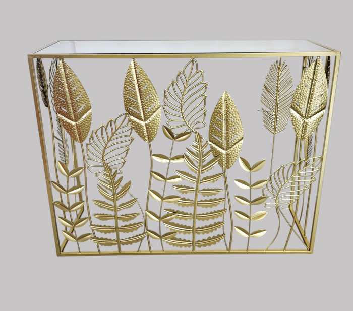 Consolă metalică aurie 60995 cu blat oglindă și decor frunze, L97 cm [2]
