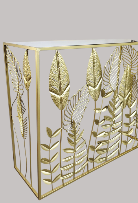Consolă metalică aurie 60995 cu blat oglindă și decor frunze, L97 cm [3]