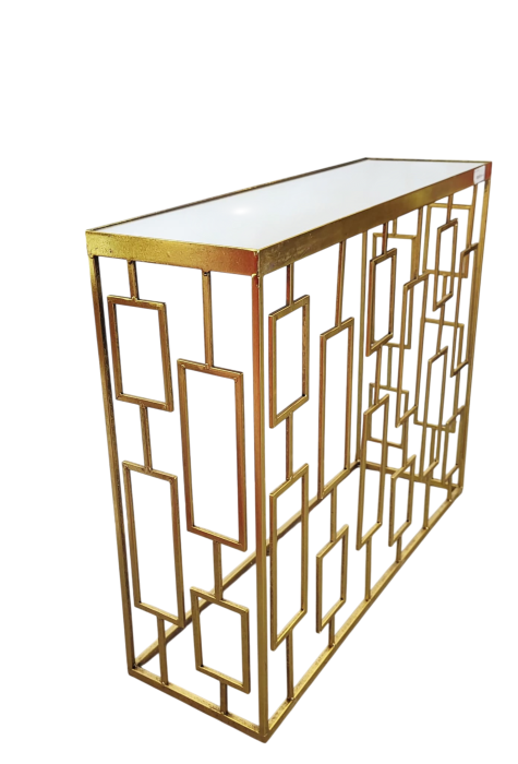 Consolă metalică aurie 82023 cu blat oglindă, design geometric modern [3]