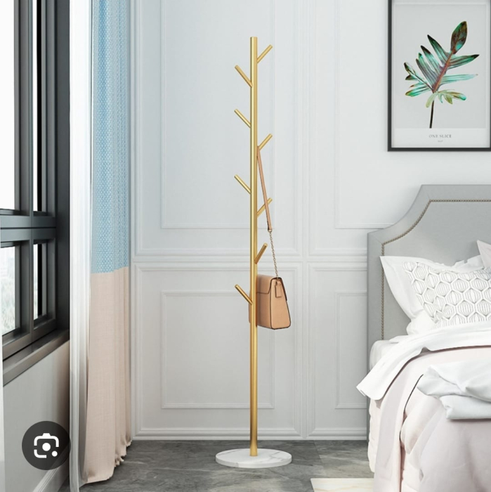 Cuier vertical metal auriu cu bază piatră albă, 8 cârlige, 170 cm [2]