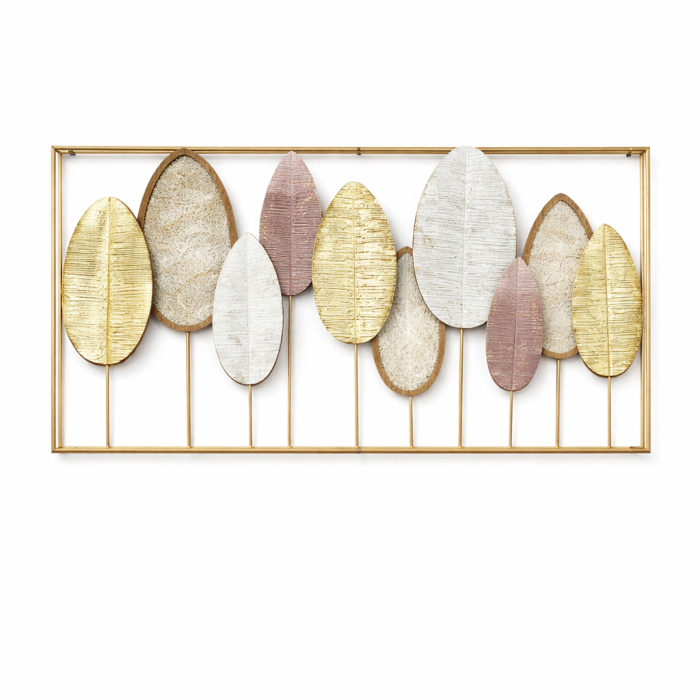 Decor de perete 16020 metal auriu, frunze stilizate în cadru dreptunghiular, 135 x 69 cm [2]