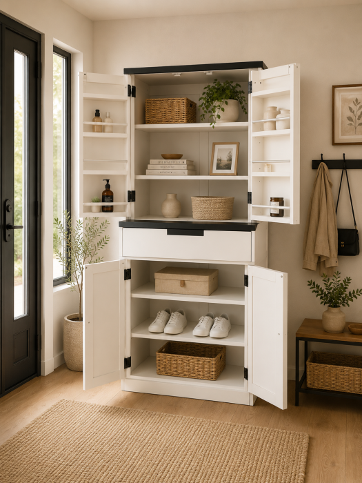 Dulap rustic A11 din lemn, alb sau stejar natural, cu mânere metalice negre, design clasic, 180 cm înălțime [2]