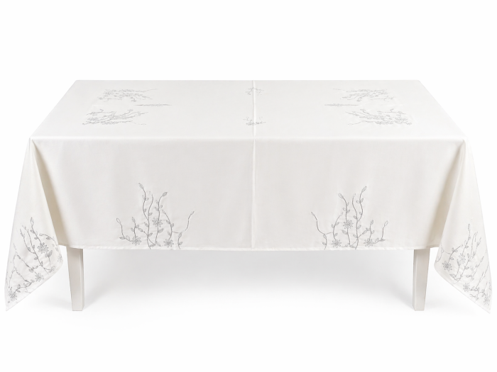 Față de masă albă 9078 cu broderie florală gri-argintie în relief 150x220 cm [2]