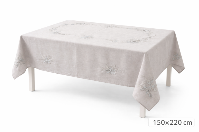 Față de masă gri 9085 cu broderie vegetală lucioasă și chenar decorativ 150x220 cm [2]