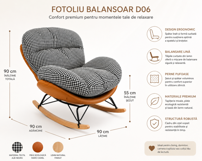 Fotoliu Balansoar D06 Alb-Negru cu Piele Ecologică Maro Camel și Bază din Lemn Natural [2]