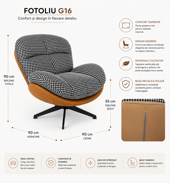 Fotoliu Modern G16 cu Husă Detașabilă și Tapițerie Alb-Negru [2]